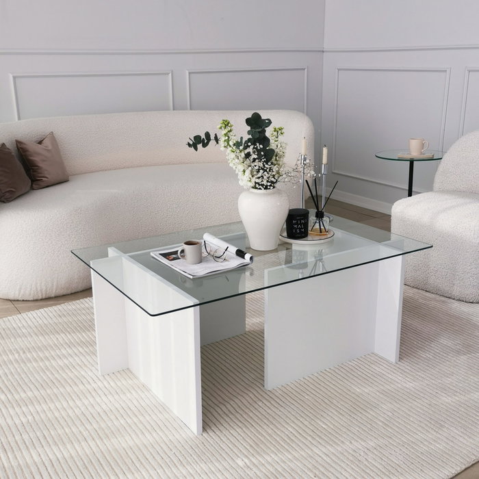 Hanah Home Escape Mesa de Centro Blanca con Cristal Templado Hanah Home Escape Mesa de Centro Blanca con Cristal Templado